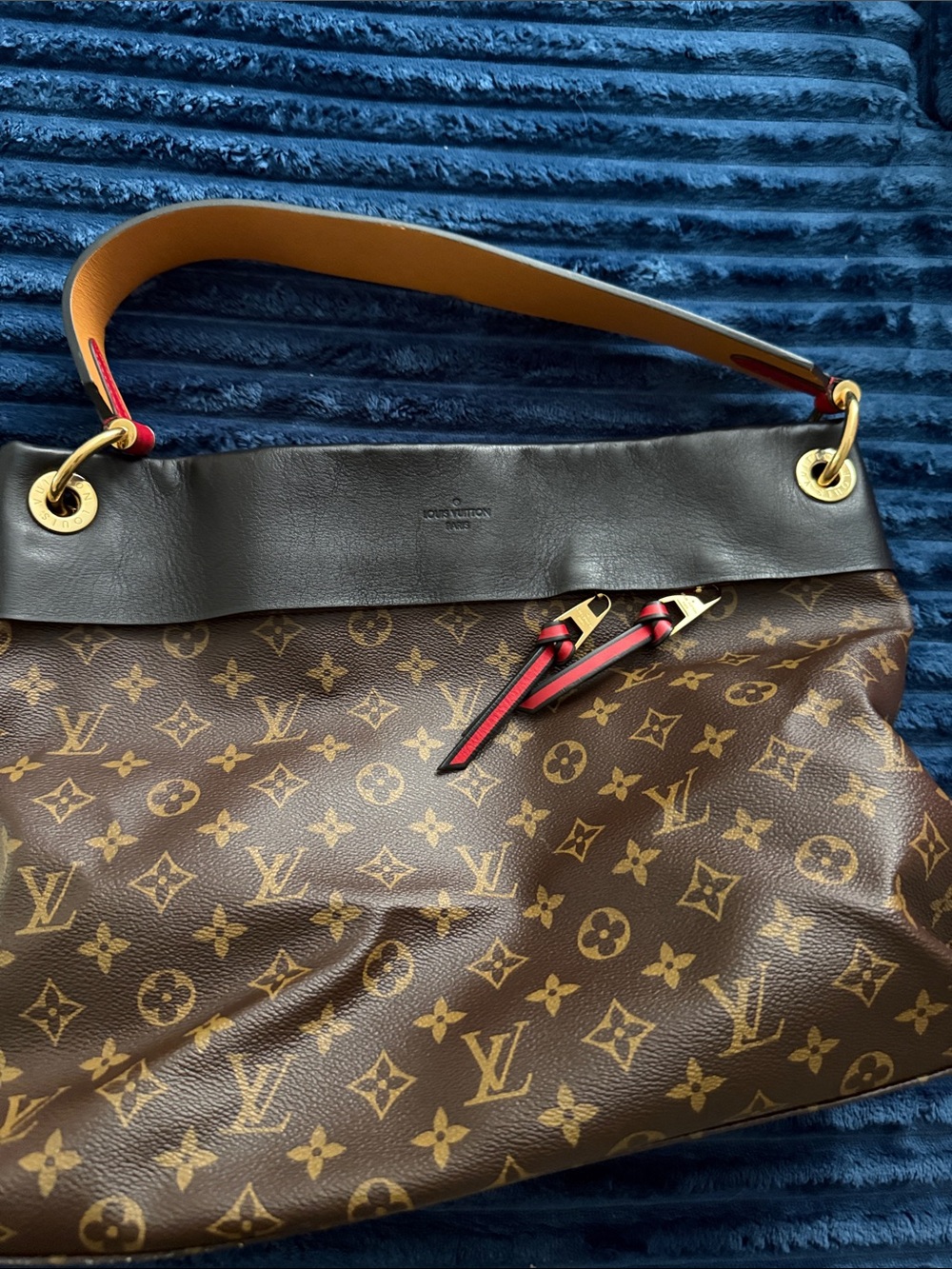 Louis Vuitton Monogram Canvas Shoulder Bag with Red Trim and Black Top Band